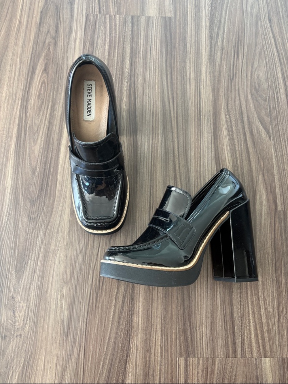 Steve Madden Black Patent Platform Block Heel Loafers